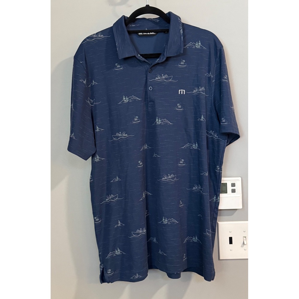 TravisMathew XL Blue Nautical‎ Boat Mountain Print Short Sleeve Polo Golf Shirt